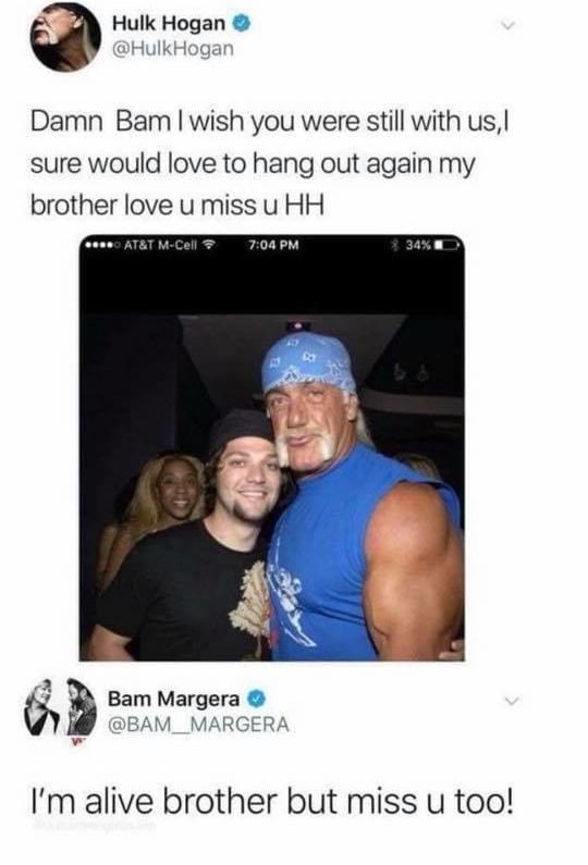 Hulk Hogan tweeting "Damn Bam I wish you were still with us, I sure would love to hang out again my brother love u miss u HH" and Bam Margera replying "I'm alive brother but miss u too!"